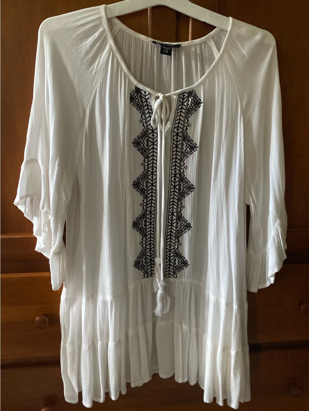 White Embroidered Tassel Peasant Top - Women